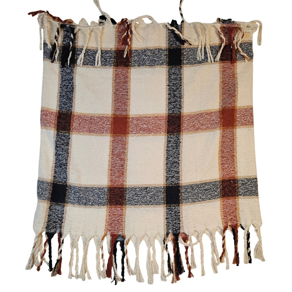 Woven Plaid Fringe Shawl Wrap Cream Rust Black One Size